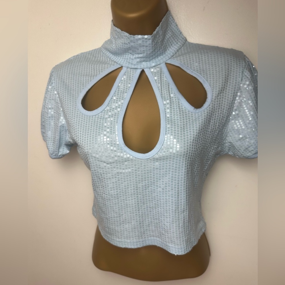 SUGAR THRILLZ X Dolls Kill Baby Blue Youthquake Shimmer Sequin Crop Top NWT‎ XS